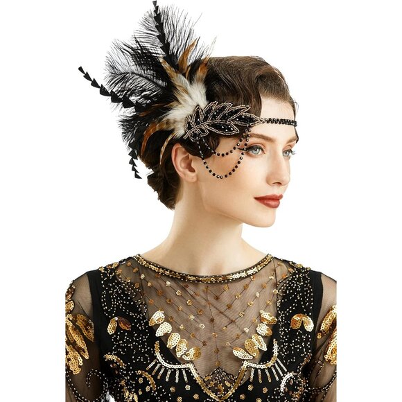 1920s Flapper Headpiece Beaded Feather Headband for Gatsby Art Deco Party - Picture 1 of 6